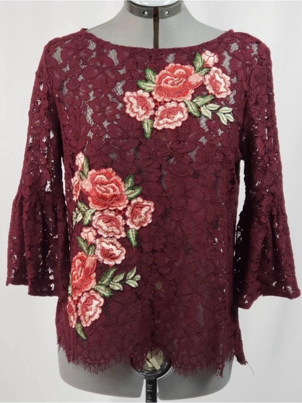 Karen Kane Burgundy Lace with Floral Embroidery Embellished Bell Sleeve Lace Top - Picture 2 of 16